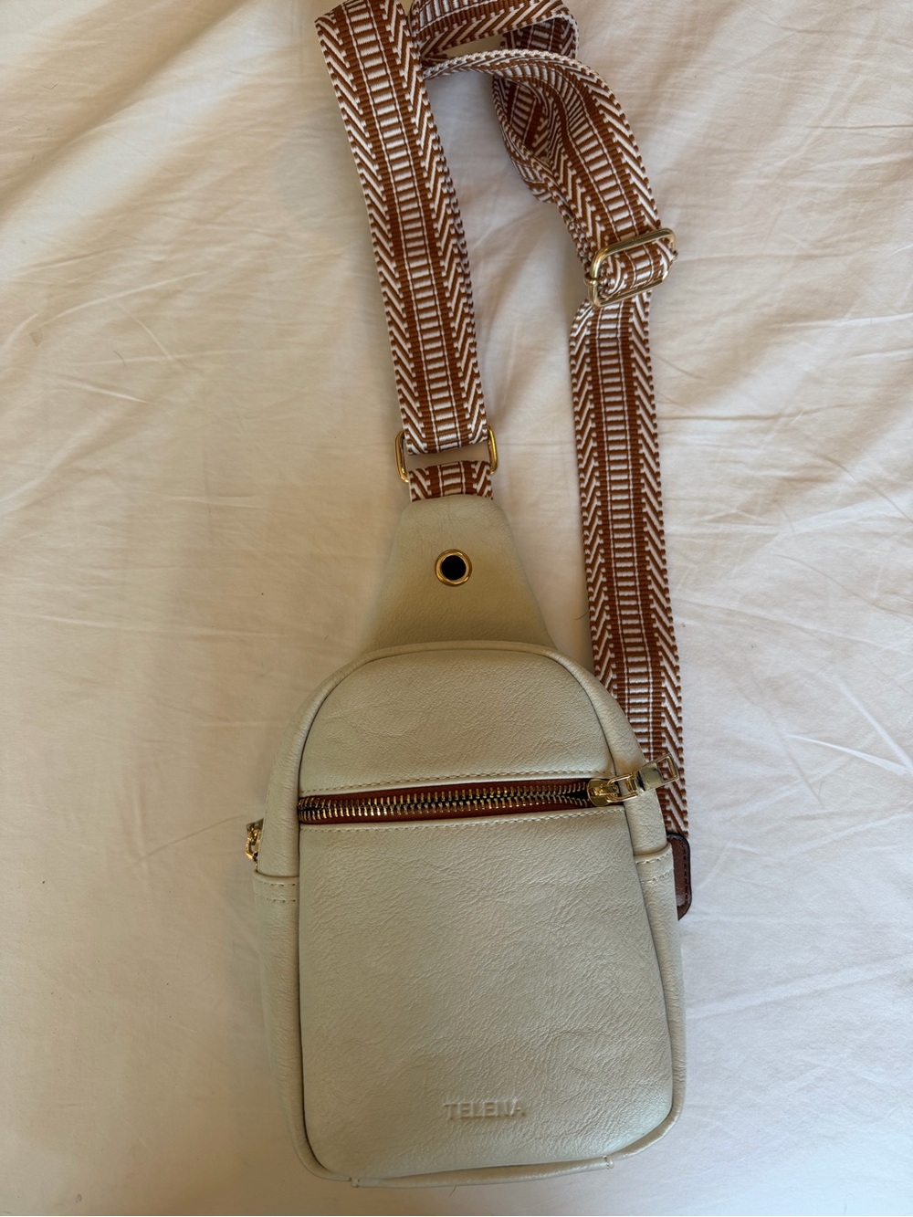 Amazon Cream Crossbody Sling with Brown Patterned Strap
